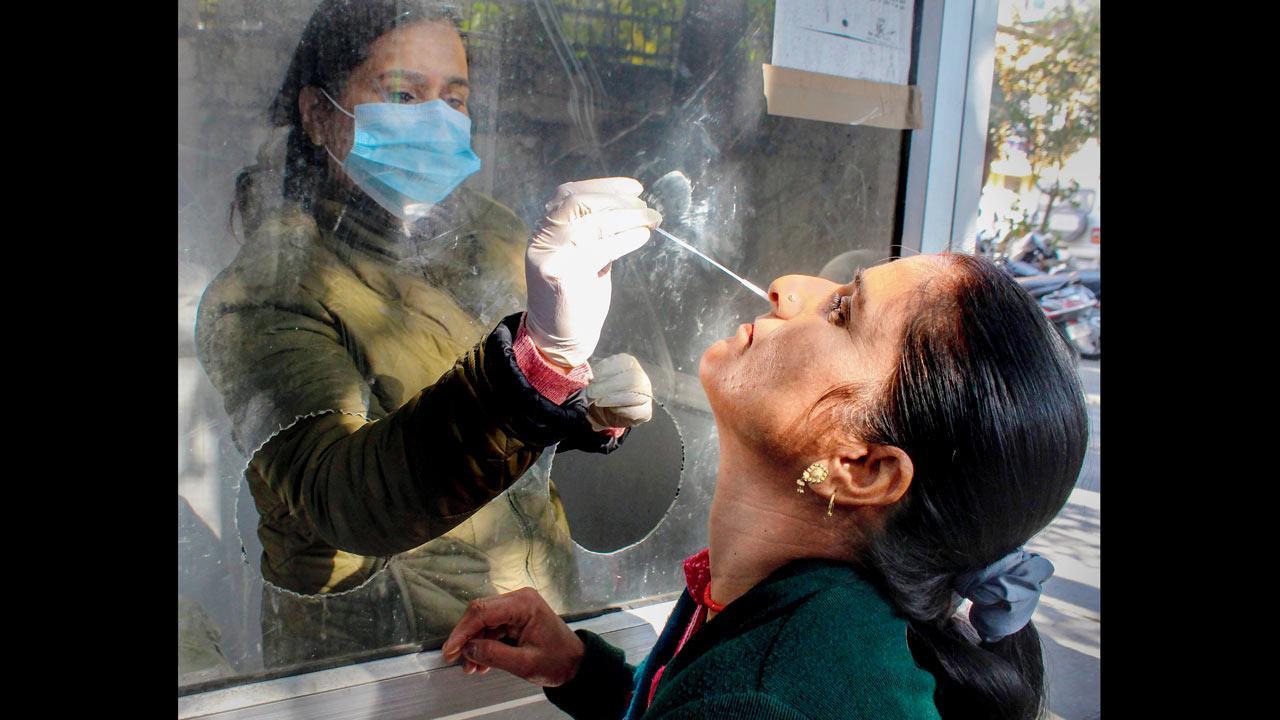 દેહરાદૂનમાં ગઈ કાલે એક ડિસ્ટ્રિક્ટ હૉસ્પિટલમાં કોરોનાની ટેસ્ટ માટે એક મહિલાનો સ્વૉબ સૅમ્પલ કલેક્ટ કરી રહેલી એક હેલ્થ વર્કર. તસવીર: પી.ટી.આઇ.