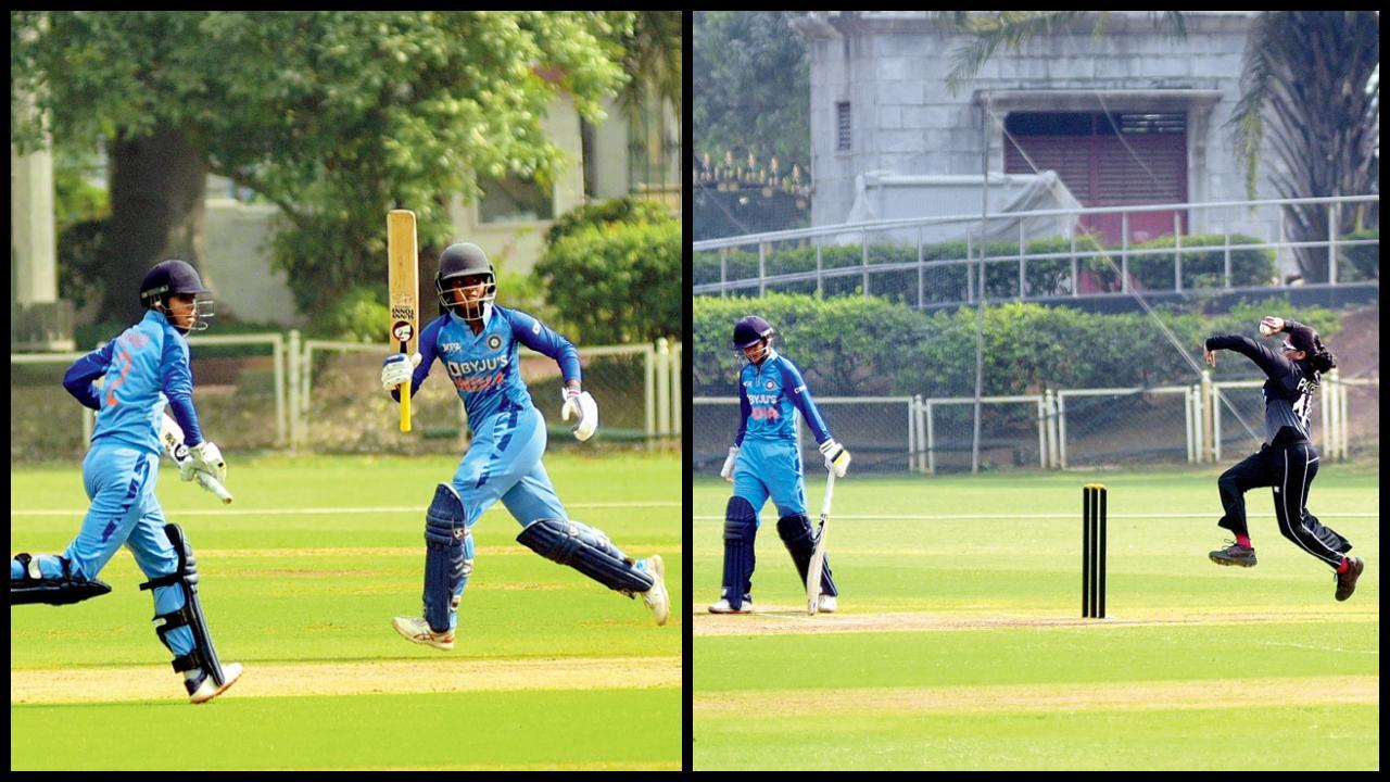 ગઈ કાલે બીકેસીમાં રમાયેલી મૅચમાં સોનિયા મેંધિયા અને જી. ત્રિશા ભારતીય ટીમની બે ટૉપ-સ્કોરર હતી. તેમણે અનુક્રમે ૩૮ અને ૩૨ રન બનાવ્યા હતા. ન્યુ ઝીલૅન્ડની નેન્સી હિતેશકુમાર પટેલને ગઈ કાલની મૅચમાં ૨૮ રનમાં એક વિકેટ મળી હતી. તસવીર અતુલ કાંબળે