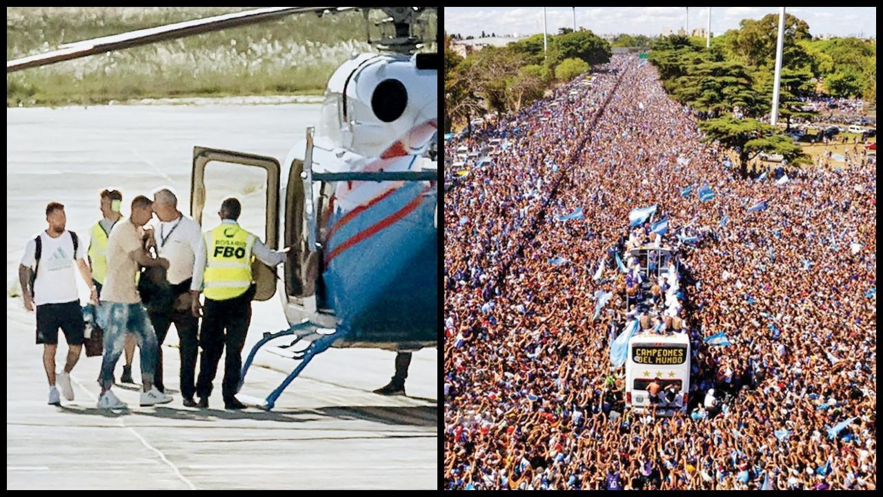 લાખો લોકો આર્જેન્ટિનાના પાટનગરમાં ચૅમ્પિયન ટીમની બસને ઘેરી વળ્યા (જમણે) અને અરાજકતા સર્જાતાં મેસી (ડાબે) અને સાથીઓને હેલિકૉપ્ટરમાં બેસાડીને સલામત સ્થળે પહોંચાડવામાં આવ્યા હતા. તસવીર એ.પી./એ.એફ.પી.