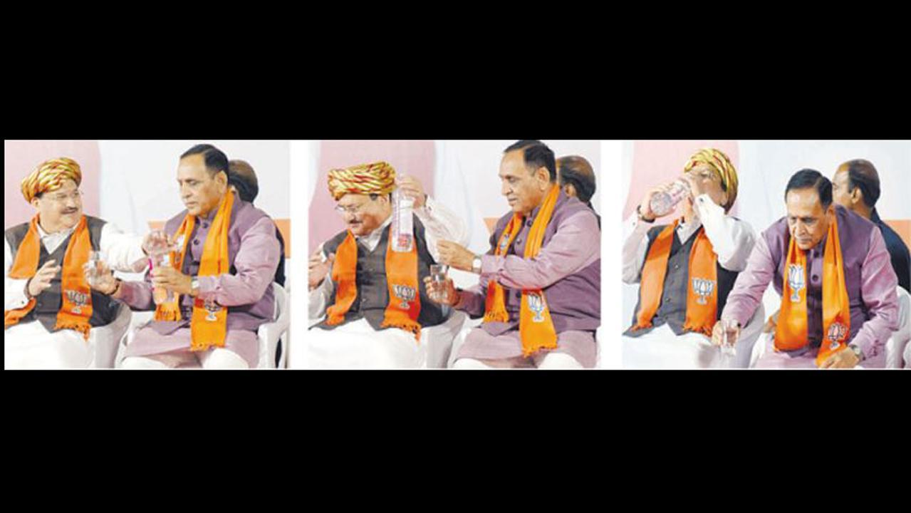 જોઈ લો, વિજય રૂપાણી પાસેનો પાણીનો ગ્લાસ ન લીધો અને બૉટલમાંથી પાણી પીધું જે. પી. નડ્ડાએ. (તસવીર : ચિરાગ ચોટલિયા)