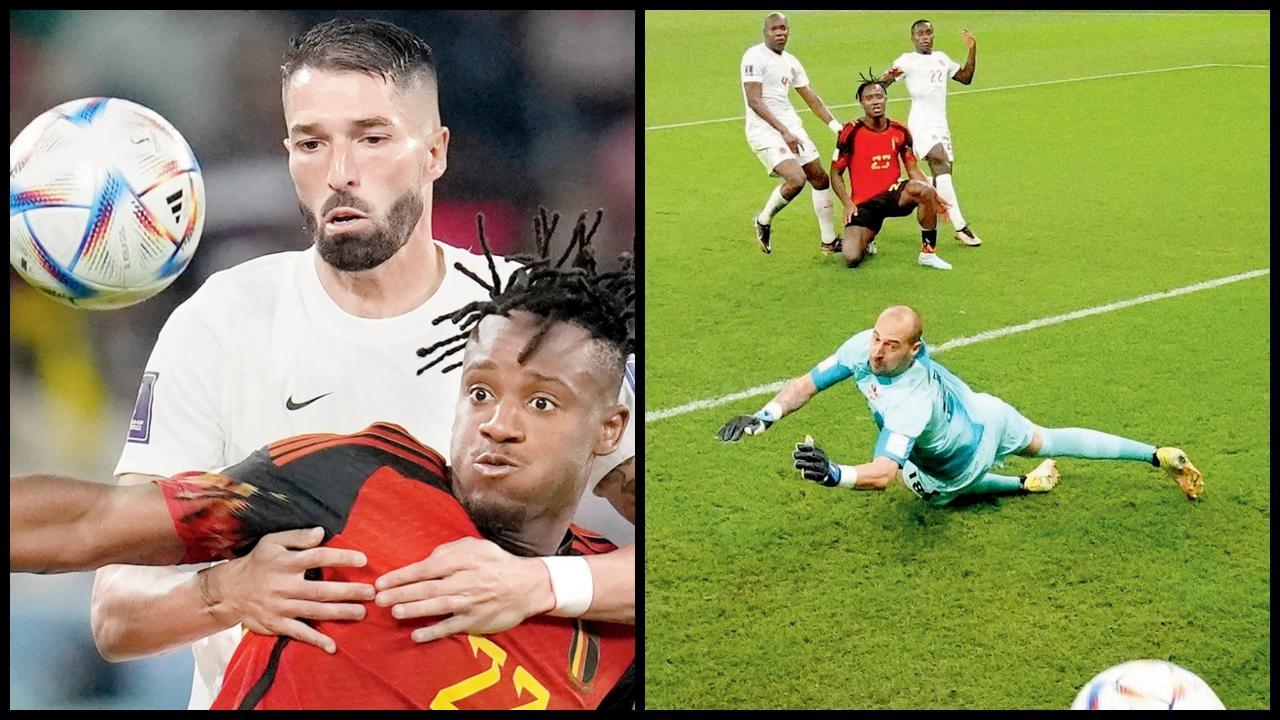 ઇંટનો જવાબ પથ્થર બેલ્જિયમના બૅટ્શુએઇને કૅનેડાના વિટિરિયાએ બૉલ પર કબજો કરતાં રોક્યો હતો (ડાબે) અને બીજા હરીફોએ પણ અવરોધ નાખ્યા હતા, પણ બૅટ્શુએઇ ૪૪મી મિનિટે દૂરથી ગોલ કરવામાં સફળ થયો હતો. તસવીર એ.પી.