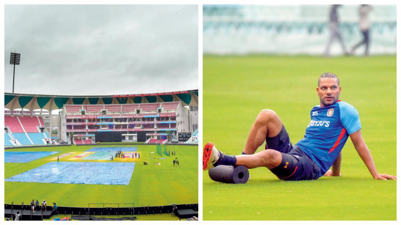 લખનઉમાં આજે બપોરે પ્રથમ વન-ડે રમાવાની છે, પરંતુ ગઈ કાલે આ શહેરમાં વરસાદ પડ્યો હતો. કૅપ્ટન શિખર ધવન અને સાથીઓએ મંગળવારે ઘણી પ્રૅક્ટિસ કરી હતી. તસવીર પી.ટી.આઇ.