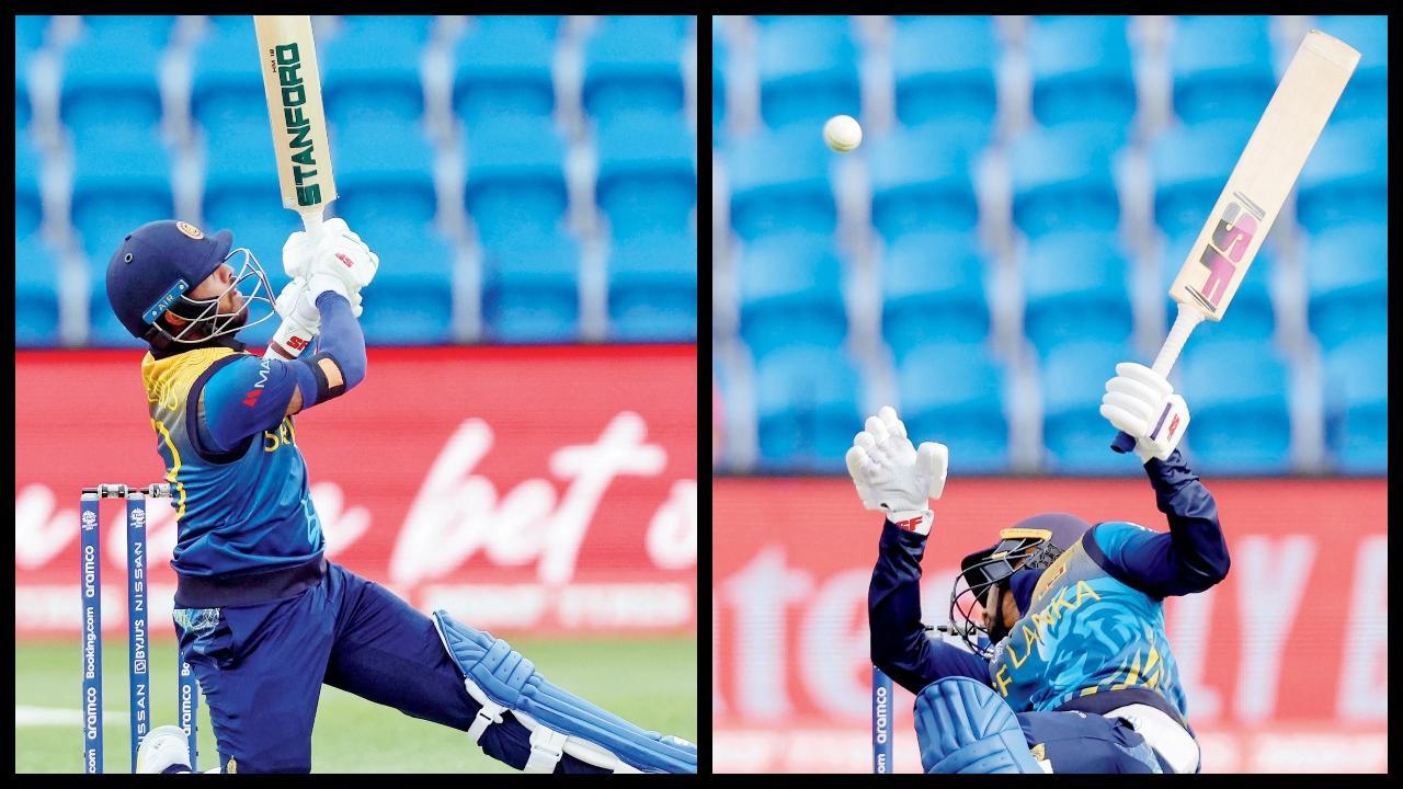 ઓપનર કુસાલ મેન્ડિસે મૅચ-વિનિંગ સિક્સર ફટકારી હતી. તસવીર એ.એફ.પી (ડાબે) . ઓપનર ધનંજય ડિસિલ્વા આયરલૅન્ડના માર્ક અડેરના એક બૉલમાં શૉટ મારવા જતાં નીચે પટકાયો હતો.(જમણે)