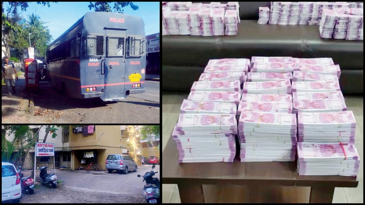 સુરતના કામરેજમાંથી મળેલી નકલી નોટો. (જમણે) દહિસરના આનંદનગરના આદિત્ય પાર્કની બહાર ઊભેલી સુરત રૂરલ પોલીસની વૅન અને (નીચે) આદિત્ય પાર્ક છે.
