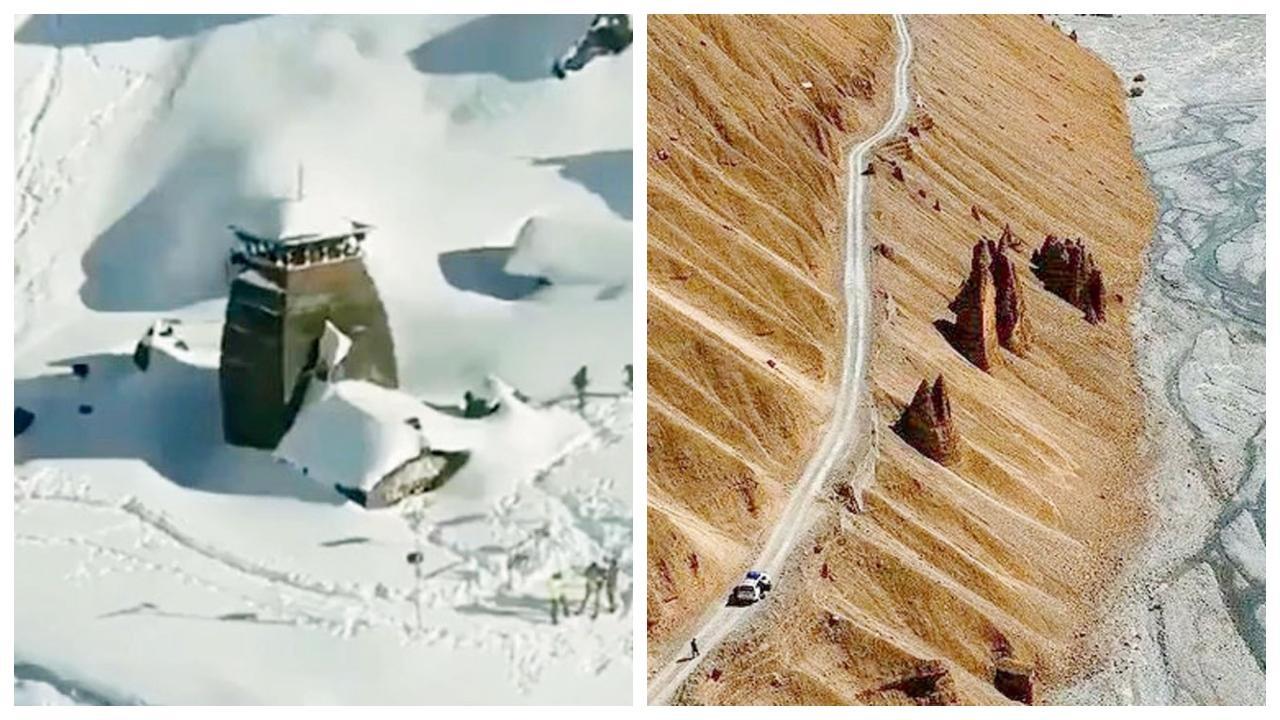 ઉત્તરાખંડમાં સ્થિત હિમાલય પર સૌથી ઊંચું શિવ મંદિર(ડાબે)  હિમાચલ પ્રદેશમાં સ્પીતિ વૅલીનું દૃશ્ય (જમણે)