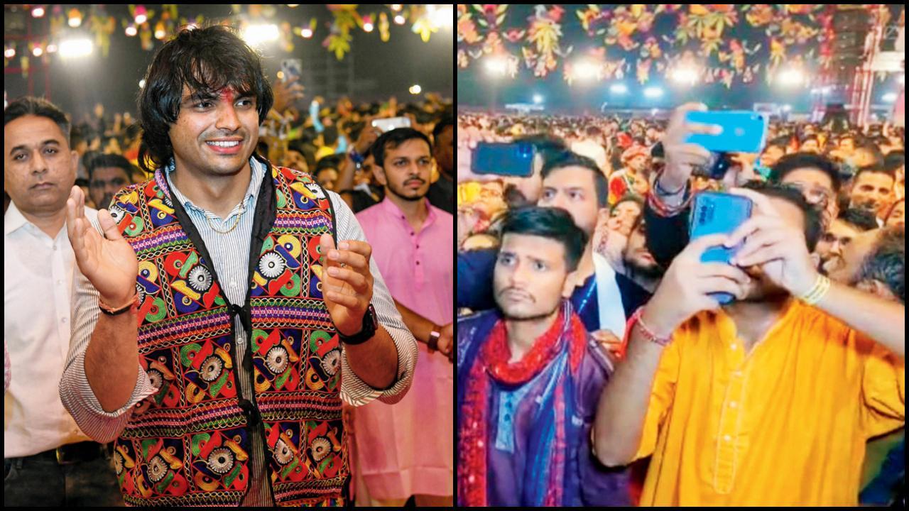 વડોદરામાં બુધવારે ગરબાના કાર્યક્રમમાં મુખ્ય મહેમાન નીરજ ચોપડા. તેણે સ્ટેજ પરથી સેલ્ફી લીધા હતા. ખેલૈયાઓએ નીરજને પોતાના કૅમેરામાં કેદ કર્યો હતો. નીરજે ગરબા ગાઈને ખેલૈયાઓને વધુ રોમાંચિત કર્યા હતા.