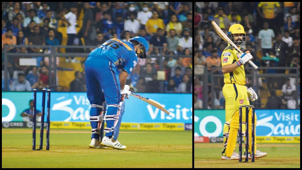 રોહિત શર્માને મૂળ મુંબઈના જ તુષાર દેશપાંડેએ ક્લીન બોલ્ડ કર્યો હતો. અને બૅટર ઑફ ધ મૅચ : અજિંક્ય રહાણેએ ૨૭ બૉલમાં છગ્ગા-ચોક્કાની રમઝટ સાથે ૬૧ રન બનાવ્યા હતા. તસવીર આશિષ રાજે