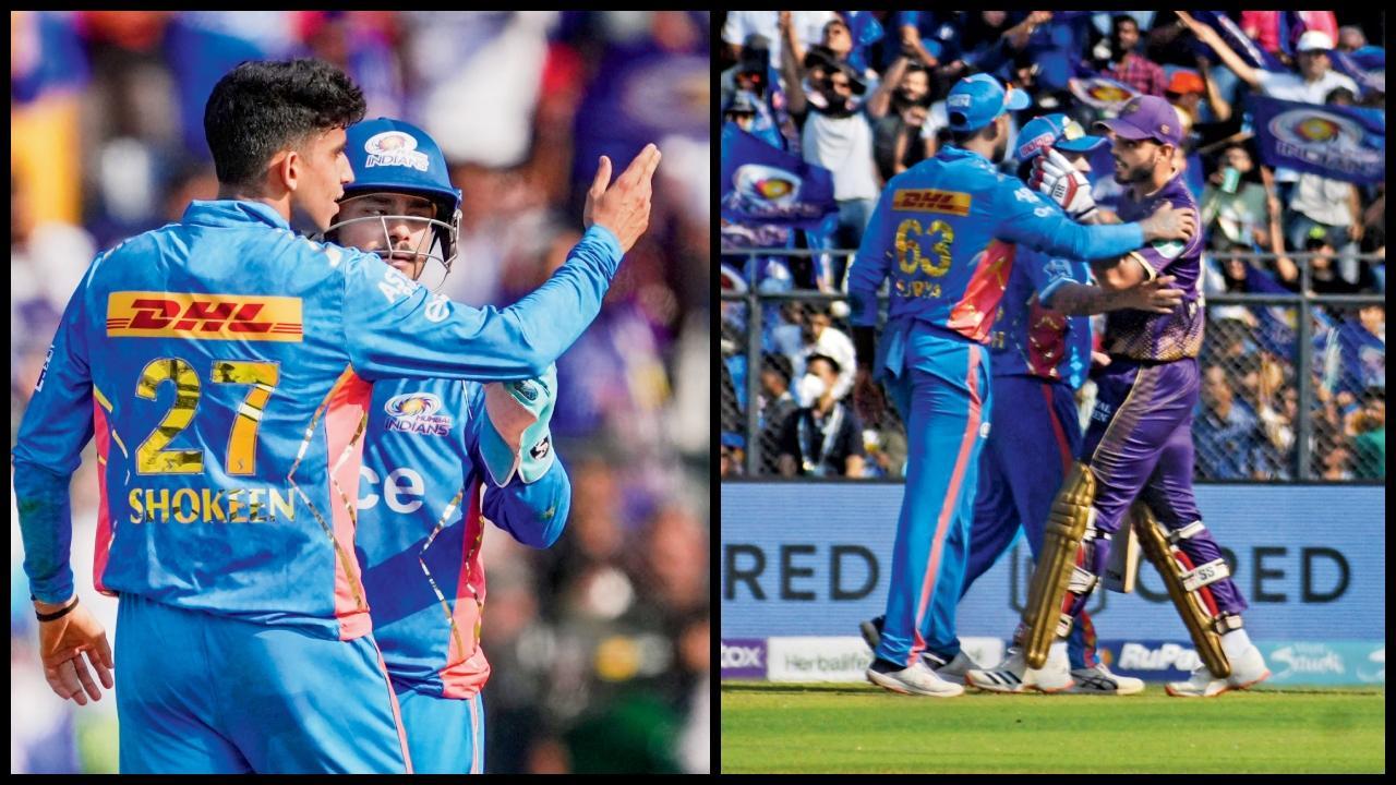 વાનખેડેમાં ગઈ કાલે મુંબઈ ઇન્ડિયન્સના બોલર રિતિક શોકીને (ડાબે) વિકેટ લીધા પછી કરેલી ઉશ્કેરણીનો જવાબ આપી રહેલો કેકેઆરનો કૅપ્ટન નીતીશ રાણા (જમણે). તસવીર પી.ટી.આઇ. અને આશિષ રાજે