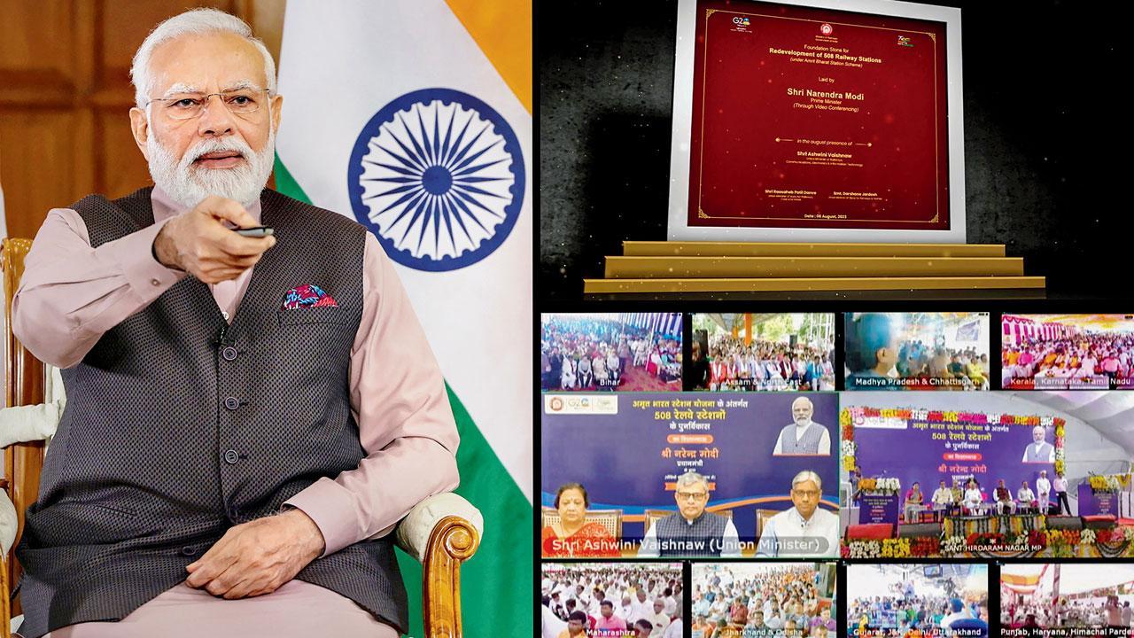 ૫૦૮ રેલવે-સ્ટેશન્સના રીડેવલપમેન્ટ માટે નવી દિલ્હીમાં ગઈ કાલે વિડિયો કૉન્ફરન્સિંગ દ્વારા શિલાન્યાસ કરી રહેલા વડા પ્રધાન નરેન્દ્ર મોદી (તસવીર : પી.ટી.આઇ.)