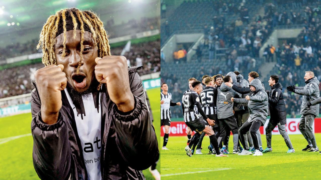 મંગળવારે હેડરથી નિર્ણાયક અને વિનિંગ ગોલ કરનાર માનુ કોન (ડાબે) અને રોમાંચક વિજય સેલિબ્રેટ કરી રહેલા બોરુસિયા મન્ચીનગ્લચબાક ક્લબ  ટીમના ખેલાડીઓ.