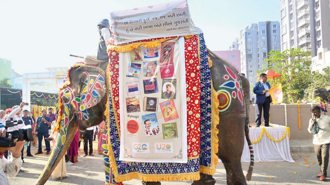 અમદાવાદમાં ગઈ કાલે વિશ્વ માતૃભાષા દિવસે હાથીની અંબાડી પર ગ્રંથયાત્રા યોજાઈ હતી.