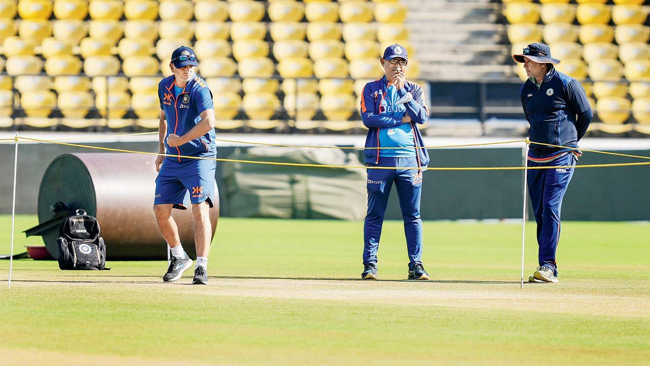 નાગપુરની પિચનું નિરીક્ષણ કરતા ભારતીય ટીમના કોચ રાહુલ દ્રવિડ.