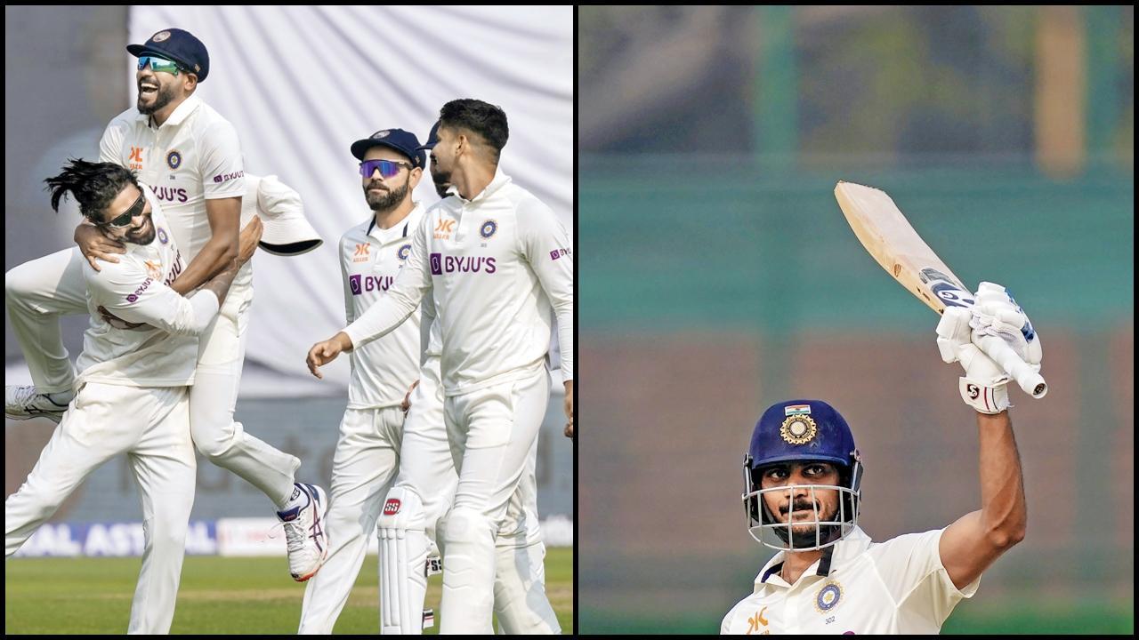 જાડેજાએ દિલ્હી ટેસ્ટના બીજા દાવમાં ૪૨ રનમાં ૭ વિકેટ લઈને કરીઅર-બેસ્ટ ઇનિંગ્સ-પર્ફોર્મન્સ આપ્યો. તસવીર પી.ટી.આઇ. અને અક્ષર પટેલે પહેલા દાવમાં ૩ સિક્સર, ૯ ફોરની મદદથી ૭૪ રન બનાવ્યા હતા.