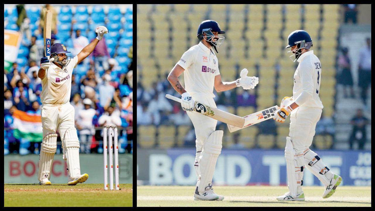 ગઈ કાલે નાગપુર ટેસ્ટમાં સદી ફટકાર્યા બાદ રોહિત શર્મા. (ડાબે) અને ટેસ્ટના બીજા દિવસે રવીન્દ્ર જાડેજા સાથે ચર્ચા કરતો અક્ષર પટેલ.