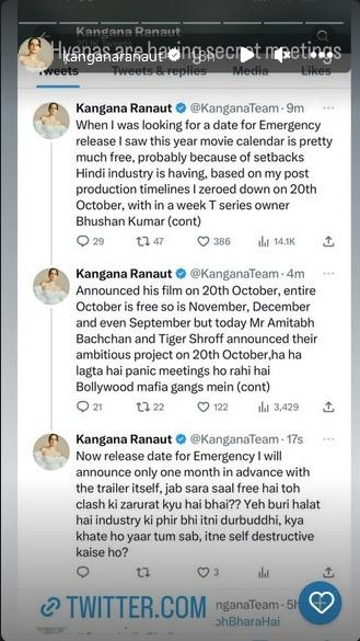 Story Shared on Instagram by Kangana Ranaut Story Shared on Instagram by Kangana Ranaut