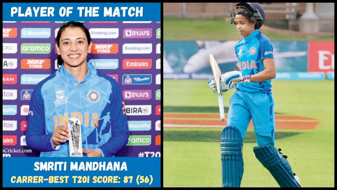 સ્મૃતિ મંધાના ટી૨૦માં છઠ્ઠી વાર પ્લેયર ઑફ ધ મૅચનો પુરસ્કાર જીતી. સોમવારે આયરલૅન્ડ સામે કૅપ્ટન હરમનપ્રીત ફક્ત ૧૩ રન બનાવીને આઉટ થઈ ગઈ હતી (જમણે) . તસવીર એ.એફ.પી.