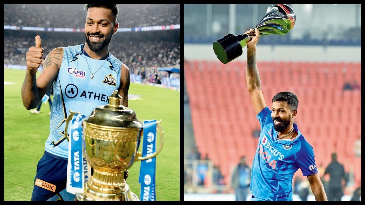 ગયા વર્ષે આઇપીએલમાં જીતેલી ટ્રોફી સાથે (ડાબે) અને બુધવારે ન્યુ ઝીલૅન્ડ સામેની ટી૨૦ સિરીઝમાં મેળવેલી ટ્રોફી સાથે હાર્દિક પંડ્યા.