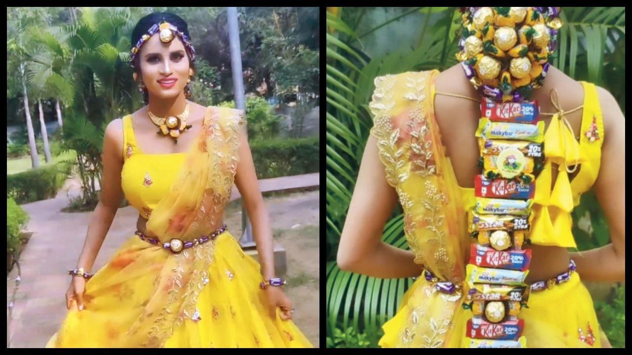 નવોઢાના શૃંગારમાં ચૉકલેટનાં ઘરેણાં અને ચૉકલેટની હેરસ્ટાઇલ