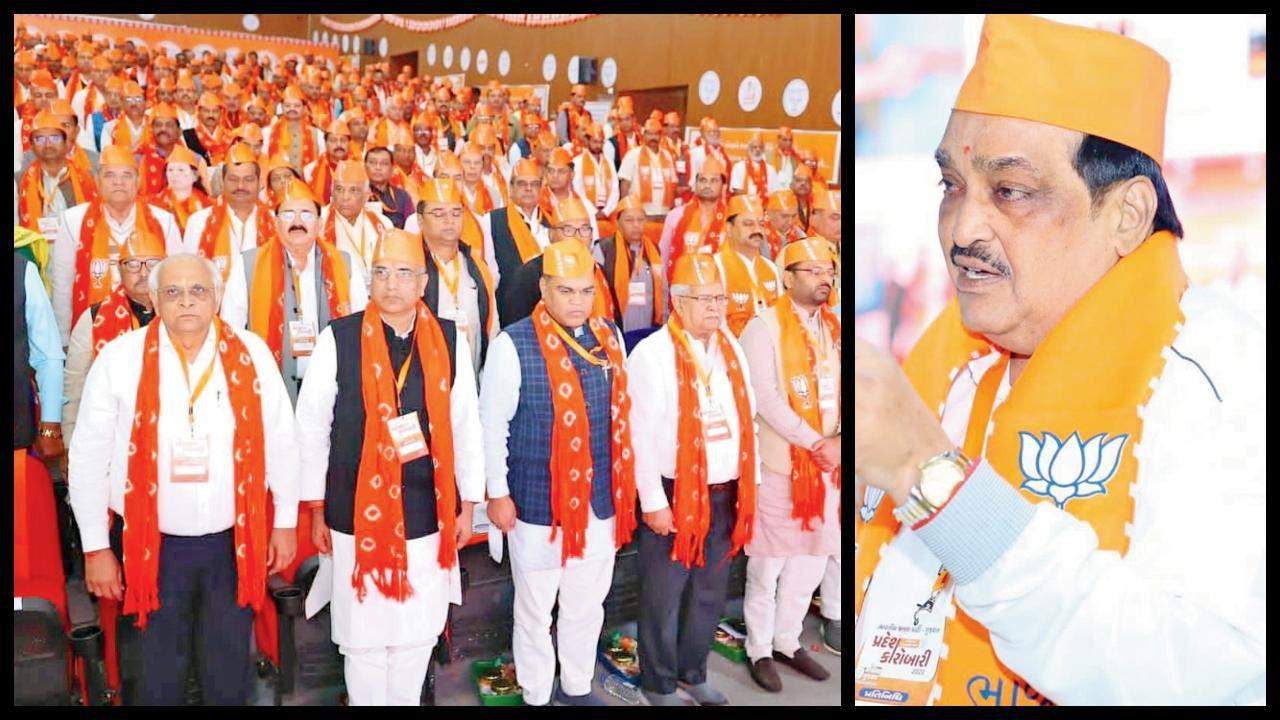 ગુજરાત બીજેપીની કારોબારીની બેઠકમાં ગુજરાતના મુખ્ય પ્રધાન ભૂપેન્દ્ર પટેલ સહિત બીજેપીના આગેવાનો ઉપસ્થિત રહ્યા હતા. (જમણે) ગુજરાત બીજેપીના પ્રદેશ અધ્યક્ષ સી. આર. પાટીલ.