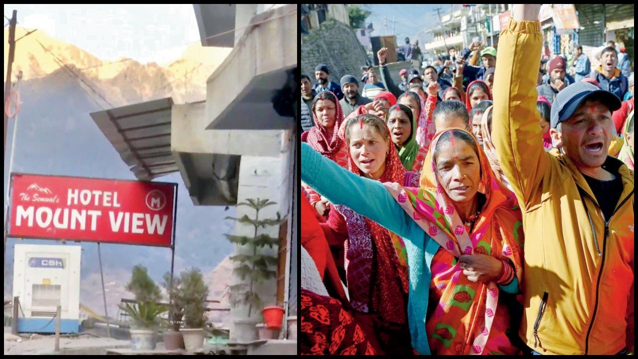 ડિમોલિશન પ્રોસેસની શરૂઆત આ હોટેલ માઉન્ટ વ્યુથી કરવામાં આવી હતી.  અને જોશીમઠમાં ગઈ કાલે એનટીપીસી (નૅશનલ થર્મલ પાવર કૉર્પોરેશન)ની વિરુદ્ધ વિરોધ-પ્રદર્શન કરી રહેલા સ્થાનિક લોકો.