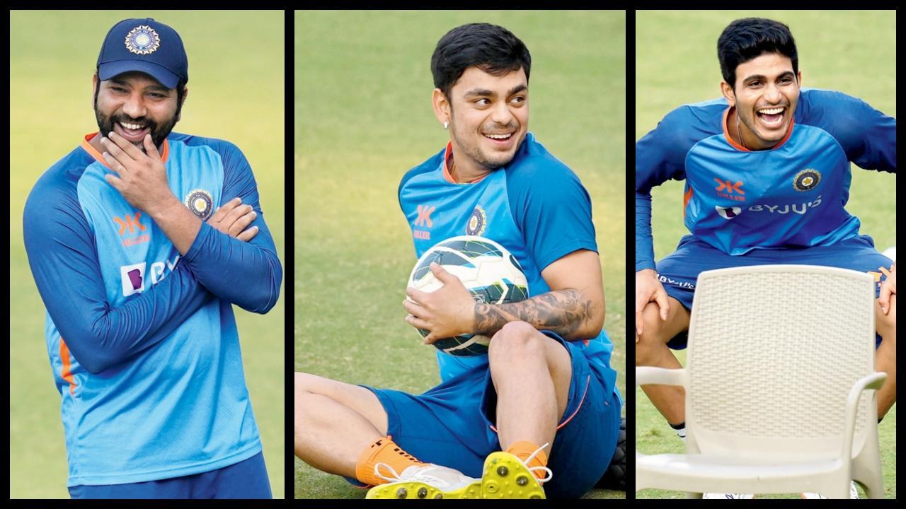 ઇન્દોરના ગ્રાઉન્ડ પર ગઈ કાલે પ્રૅક્ટિસ-સેશન દરમ્યાન કૅપ્ટન રોહિત શર્મા, ઓપનર શુભમન ગિલ અને વિકેટકીપર ઈશાન કિશન. ત્રણેય બૅટર્સના નામે ઓડીઆઇમાં ડબલ સેન્ચુરી છે અને ત્રણેય ખેલાડી હાલમાં ભારતીય ટીમમાં હોવાનો અનોખો વિશ્વવિક્રમ છે. તસવીરો એ.એફ.પી./એપી./પી.ટી.આઇ.