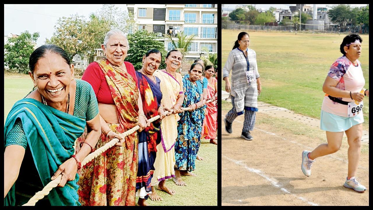 નવસારીમાં મહિલાઓએ સાડી પહેરીને રસ્સા ખેંચ સ્પર્ધામાં ભાગ લીધો હતો.(ડાબે) અને વડોદરામાં સિનિયર સિટિઝન મહિલાઓએ દોડ સ્પર્ધામાં ભાગ લીધો હતો.