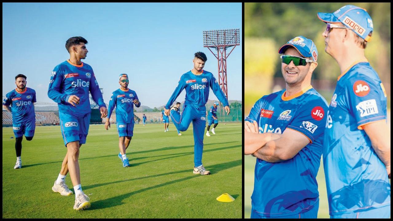 મુંબઈમાં ગઈ કાલે મુંબઈ ઇન્ડિયન્સના ખેલાડીઓએ (ડાબે)  નવા હેડ-કોચ માર્ક બાઉચર અને બોલિંગ-કોચ શેન બૉન્ડના કોચિંગમાં પ્રૅક્ટિસ શરૂ કરી હતી.