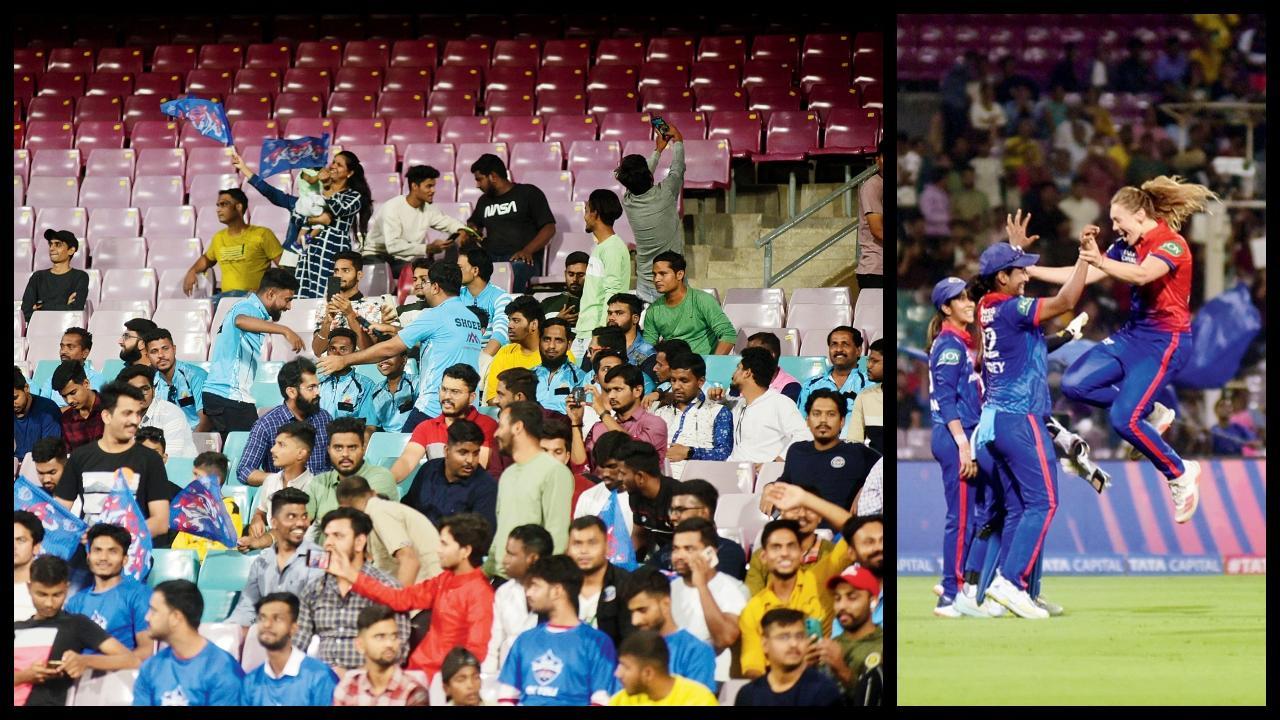 સોમવારે ડી. વાય. પાટીલ સ્ટેડિયમમાં વિમેન્સ પ્રીમિયર લીગની મૅચ જોવામાં મશગૂલ પ્રેક્ષકો. આઇપીએલની જેમ બ્રેબર્ન સહિતનાં બન્ને સ્ટેડિયમમાં ડબ્લ્યુપીએલની મૅચો પણ રોમાંચક થતી હોવાથી દરરોજ મોટી સંખ્યામાં પુરુષ પ્રેક્ષકો જોવા મળે છે.(ડાબે) અને ડી. વાય. પાટીલમાં બૅન્ગલોરની હીધર નાઇટનો કૅચ પકડ્યા પછી બોલર શિખા પાન્ડે સાથે સેલિબ્રેશનના મૂડમાં ટૅરા નૉરિસ. તસવીર અતુલ કાંબળે