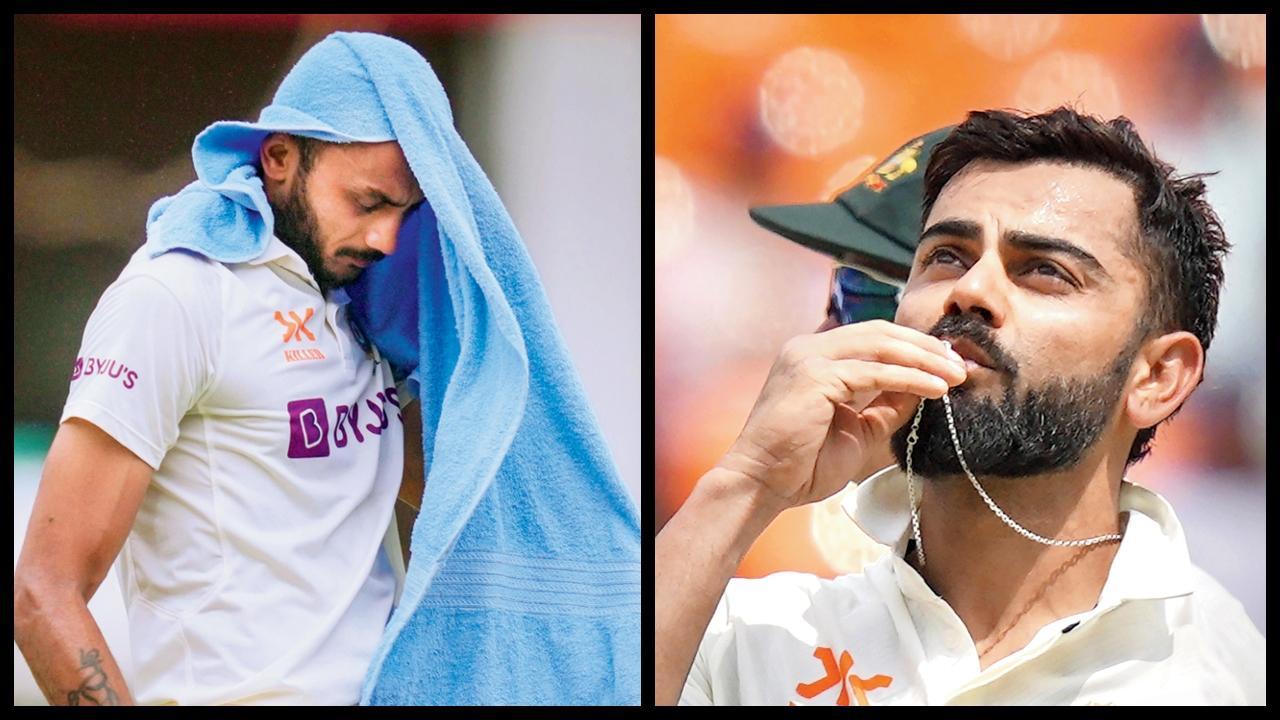 અક્ષરે ગરમીમાં કોહલીને સાથ આપીને ૧૬૨ રનની ભાગીદારી કરી. કોહલીએ ૧૨૦૫ દિવસના અંતર બાદ ૨૮મી ટેસ્ટ-સદી ફટકારી અને વેડિંગ રિંગને ચૂમી લીધી હતી. તસવીર પી. ટી. આઇ.