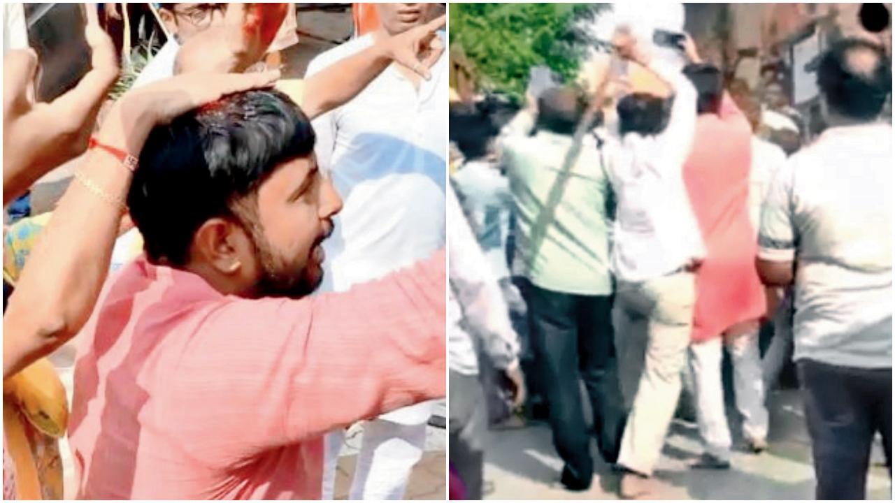 અંતરીક્ષ તીર્થમાં બીચકેલા મામલામાં ઈજાગ્રસ્ત સુરતના મોક્ષેસ મોદી અને (જમણે) હુમલાખોર પ્રકાશ બેલોકાર.