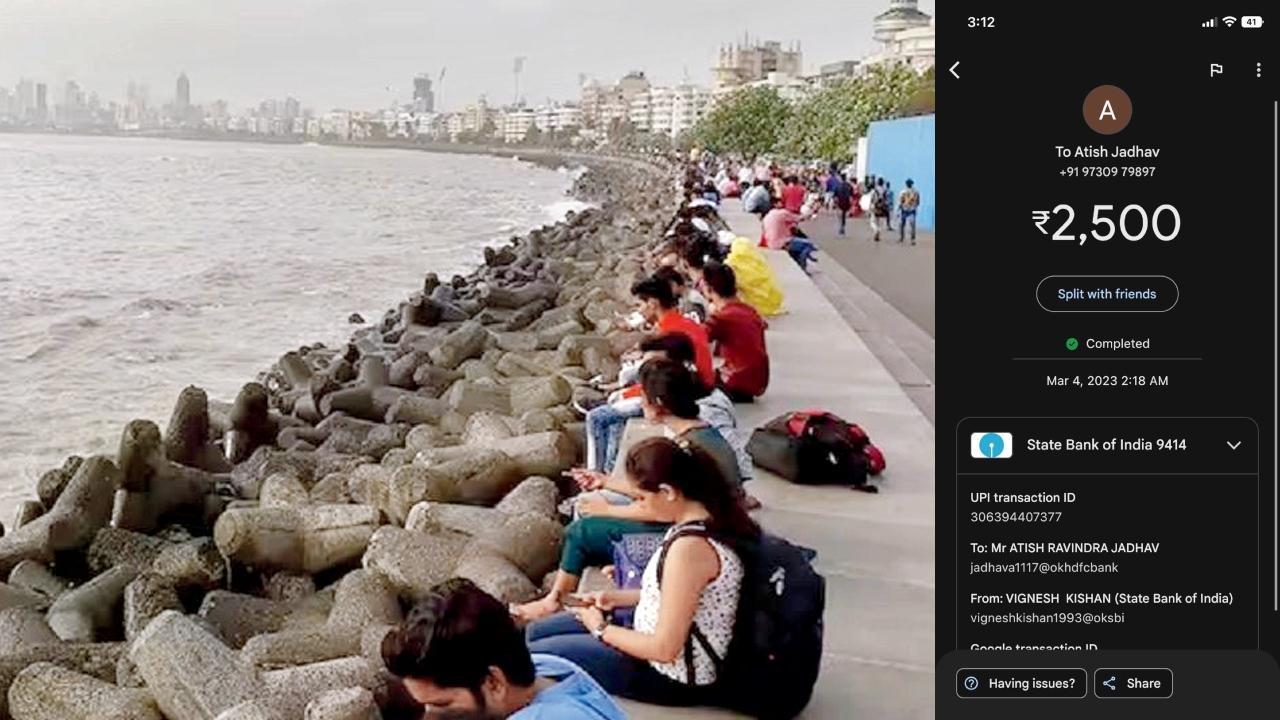 મરીન ડ્રાઇવ ચોપાટીની પાળ પર બેસેલા લોકો અને દંડ ભરનારા યુવકે ટ્વીટ કરેલો યુપીઆઇ પેમેન્ટનો સ્ક્રીનશૉટ