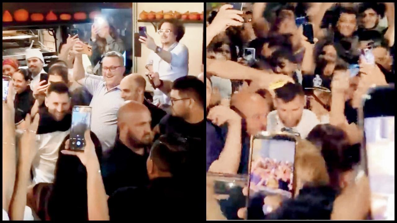 મેસીને સોમવારે બ્યુનસ આયરસની રેસ્ટોરાંમાં કોઈ તકલીફ નહોતી થઈ. તે ઘણા સામે હસ્યો પણ હતો (ડાબે), પરંતુ પછીથી બહાર આવીને લોકોઅે તેને ઘેરી લીધો હતો. એક યુવાને તેને માથા પર હાથ અડાડ્યો હતો (જમણે).