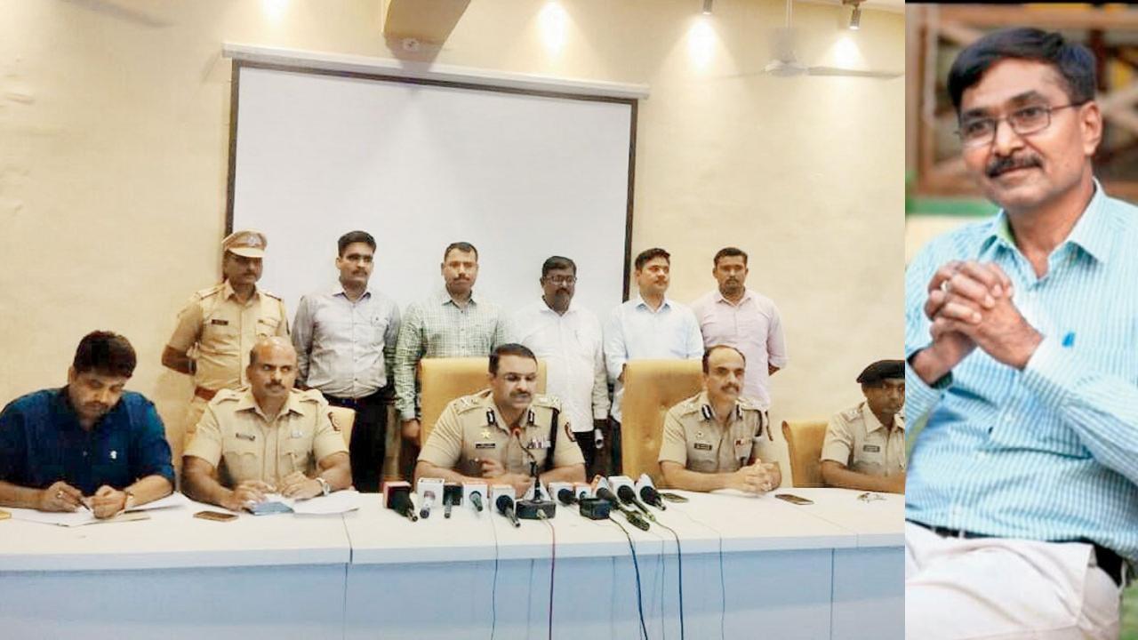 સવજીભાઈ પટેલ (જમણે)ની હત્યાની માહિતી આપવા પ્રેસ કૉન્ફરન્સને સંબોધી રહેલી નવી મુંબઈ પોલીસ