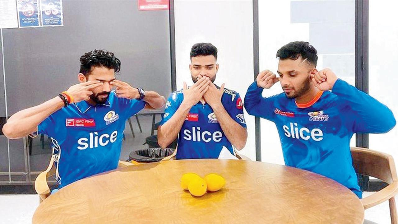 બુધવારે મુંબઈની ટીમના ત્રણ ક્રિકેટર્સ સંદીપ વૉરિયર, વિષ્ણુ વિનોદ અને કુમાર કાર્તિકેયે ઇન્સ્ટાગ્રામ પર નવીનની ‘સ્વીટ મૅન્ગોઝ’ સ્ટોરીના જવાબમાં ‘સ્વીટ સીઝન ઑફ મૅન્ગોઝ’ની કૅપ્શન સાથે પોતાને ગાંધીજીના ત્રણ પ્રતીકાત્મક ડાહ્યા વાંદરા જેવી ઍક્શન સાથેનો ફોટો પડાવ્યો હતો.