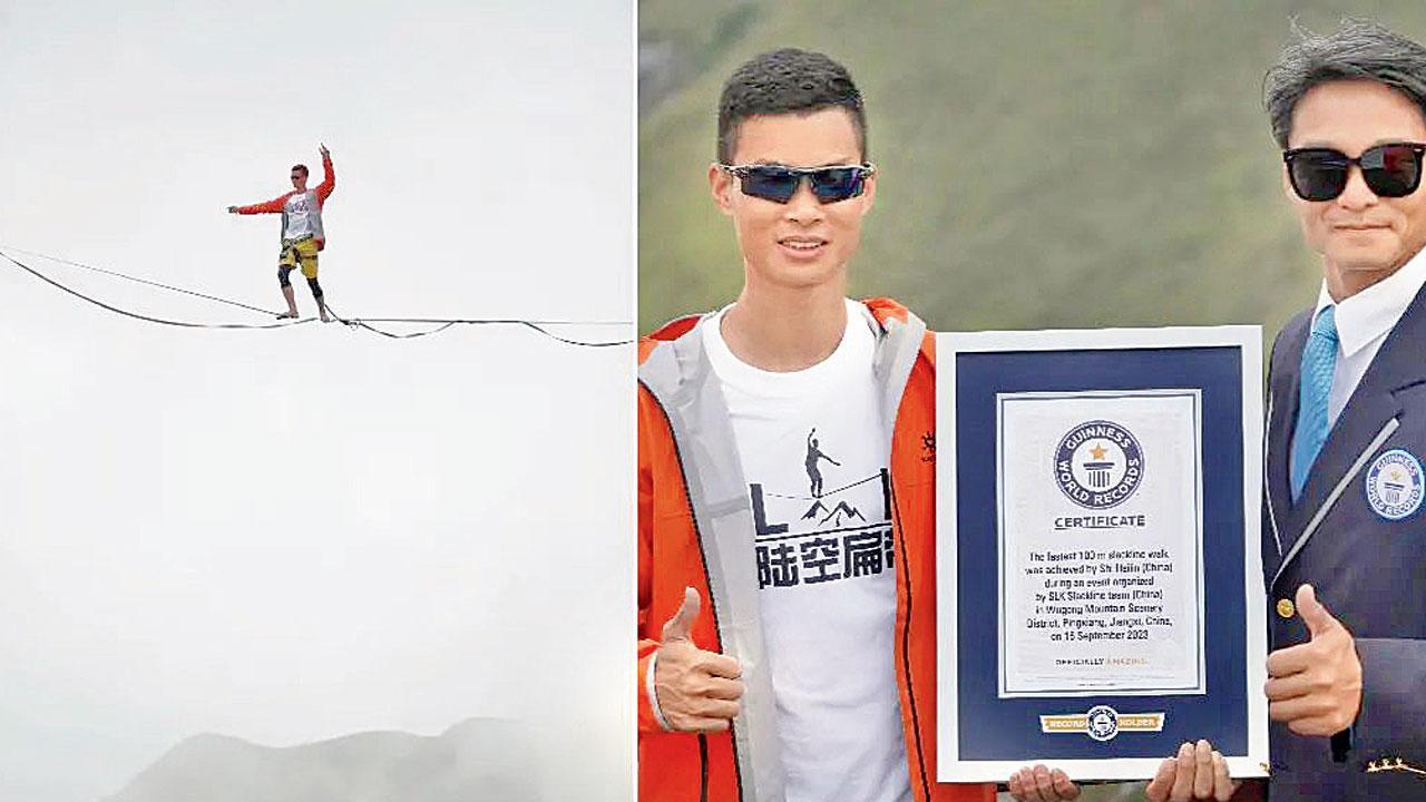 સ્લૅકલાઇન પર સૌથી ઝડપી ૧૦૦ મીટર ચાલવાનો ચીનના સ્પોર્ટ‍્સમૅનનો નવો રેકૉર્ડ