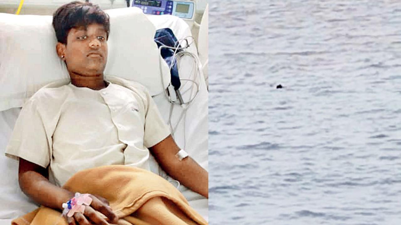 નવસારીની હૉસ્પિટલમાં લખન, દરિયામાં તણાઈ રહેલો લખન (જમણે)