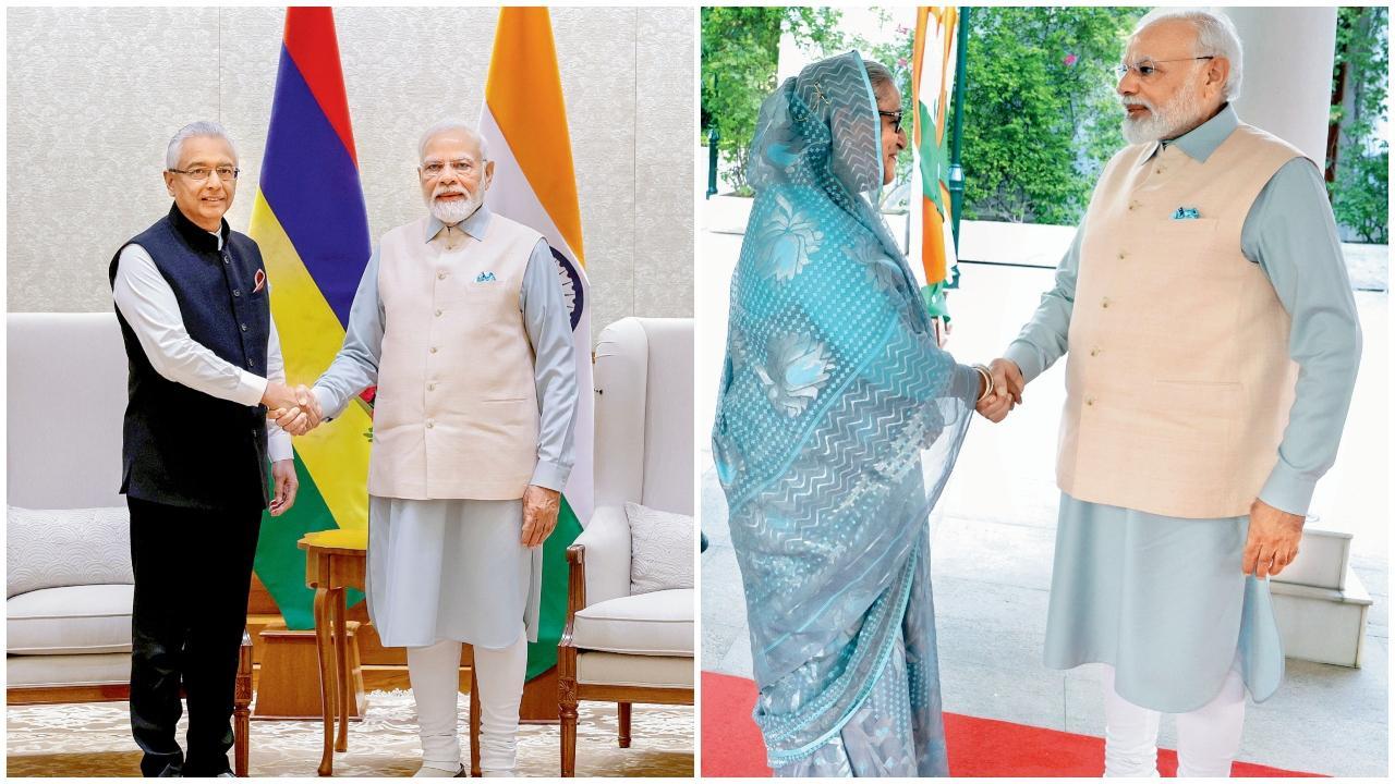 નવી દિલ્હીમાં ગઈ કાલે G20 સમિટ પહેલાં મૉરિશ્યસના વડા પ્રધાન પ્રવિંદ જુગનાથને આવકારતા વડા પ્રધાન નરેન્દ્ર મોદી.  પી.ટી.આઇ. પીએમ શેખ હસીના સાથે મુલાકાત દરમ્યાન પીએમ નરેન્દ્ર મોદી. 