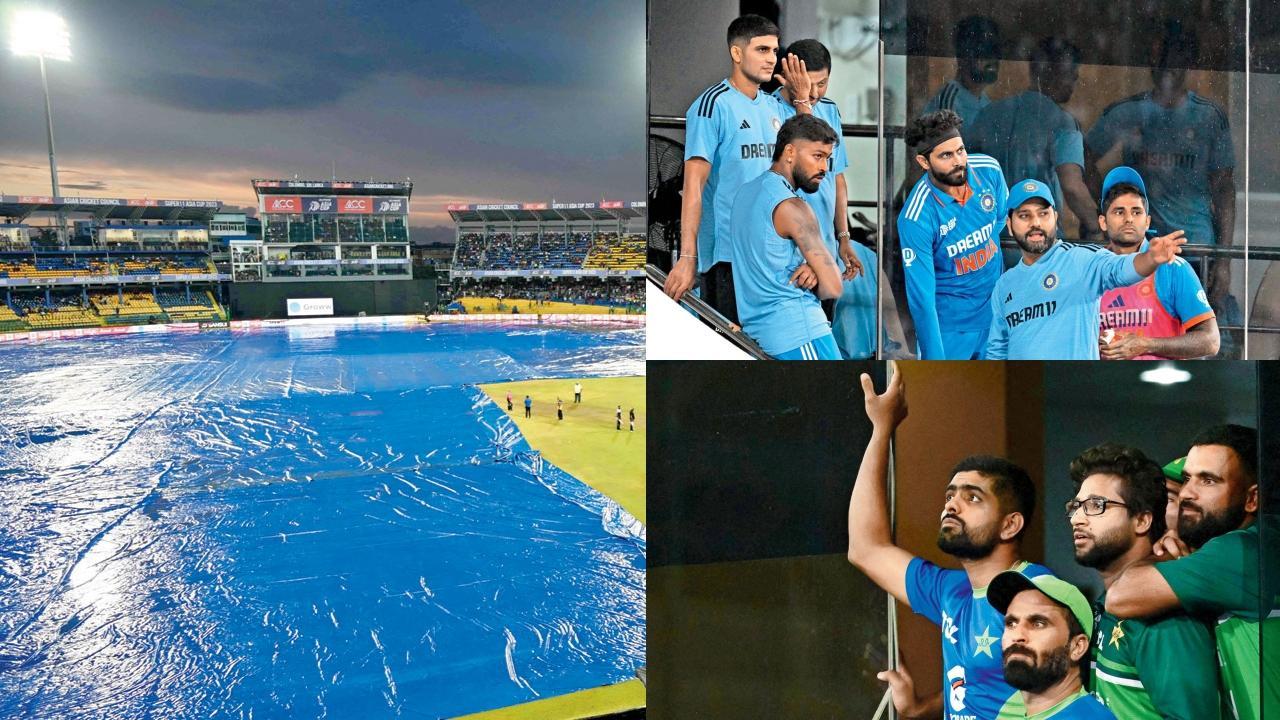 કોલંબોમાં ગઈ કાલે મેઘરાજાએ અપાવેલા લાંબા બ્રેક દરમ્યાન ભારત અને પાકિસ્તાનના ખેલાડીઓ. રોહિત શર્મા અને શુભમન ગિલ વચ્ચે ૧૨૧ રનની અપ્રતિમ ભાગીદારી થઈ હતી (તસવીર : એ.એફ.પી.)