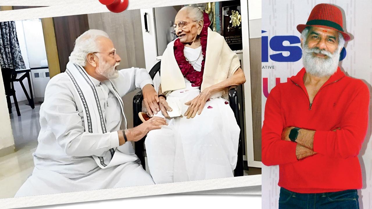 વડા પ્રધાન નરેન્દ્ર મોદીની માતા હીરા બા સાથેની ફાઇલ તસવીર (ડાબે), જે. ડી. મજીઠિયા