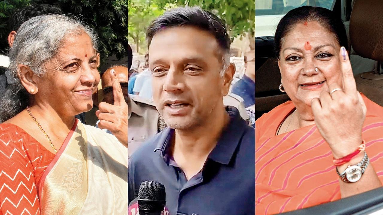 (ડાબેથી) નિર્મલા સીતારમણ, રાહુલ દ્રવિડ, વસુંધરા રાજે સિંધિયા