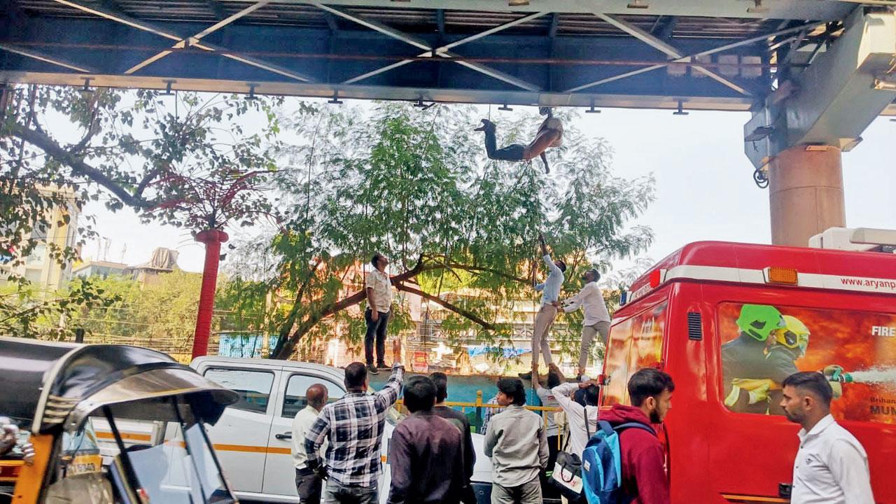 ઘાટકોપર ઈસ્ટના સ્કાયવૉક પર લટકી રહેલી અજાણી વ્યક્તિ.