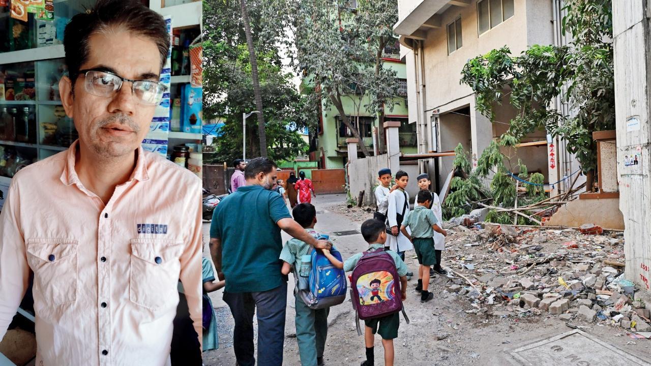 અનાજ-કરિયાણાના વેપારી રાકેશ ગાલા (ડાબે), આંબેડકર નગરના મેઇન ગેટનો તૂટી ગયેલો પિલર અને તૂટી ગયેલી દીવાલનો કાટમાળ