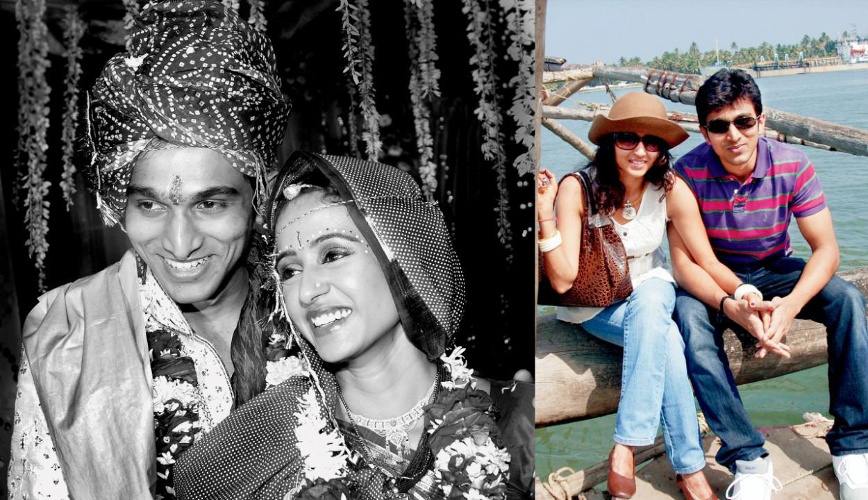 પ્રતીક ગાંધી અને ભામિની ઓઝા ગાંધી તેમના લગ્નદિવસે (ડાબે),  હનીમૂન પર પ્રતીક અને ભામિની (જમણે)