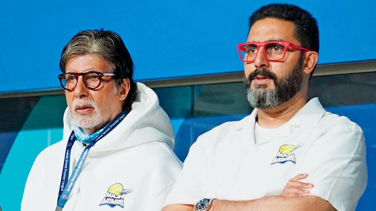 ગઈ કાલે પોતાની ટીમ માઝી મુંબઈ હારી રહી હતી અેટલે અમિતાભ અને અભિષેક ચિંતામાં હતા (તસવીર : ISPL)