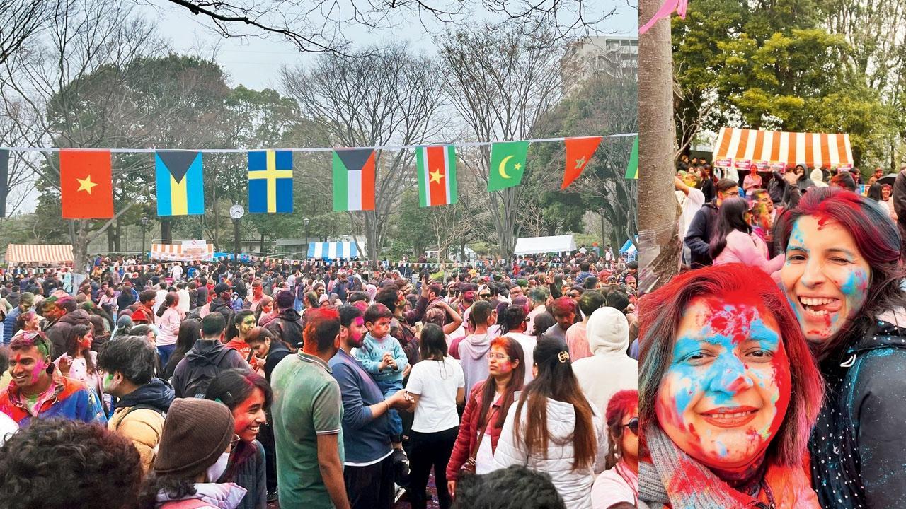 ટોક્યોના રેઇનબો પ્લાઝા પાર્કમાં ગઈ કાલે હોળીની થઈ રહેલી ઉજવણી અને હોળીના રંગોની સાથે એને માણી રહેલાં ભારતીય મૂળનાં દીપાલી ઝવેરી તેમની દીકરી ખુશી સાથે