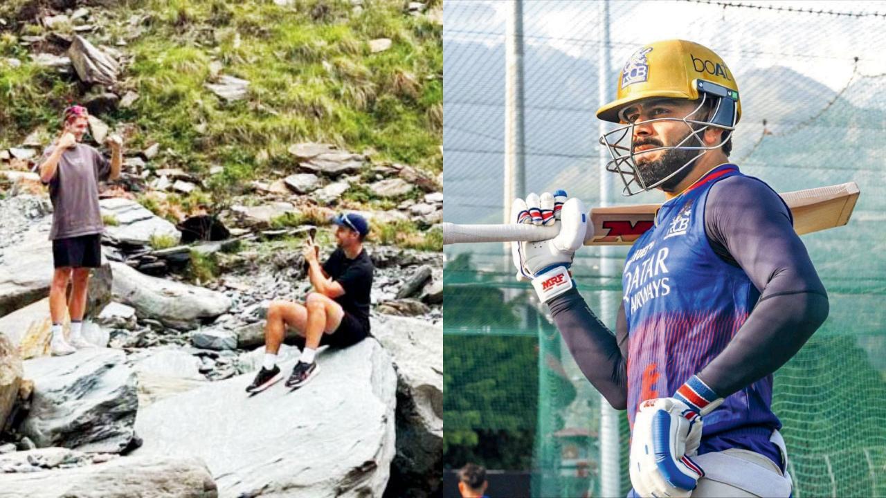 ગઈ કાલે મૅચ પહેલાં ધરમશાલામાં કુદરતના ખોળે આનંદ માણતા કૅમરન ગ્રીન અને વિલ જૅક્સ, ફાફ ડુ પ્લેસી.