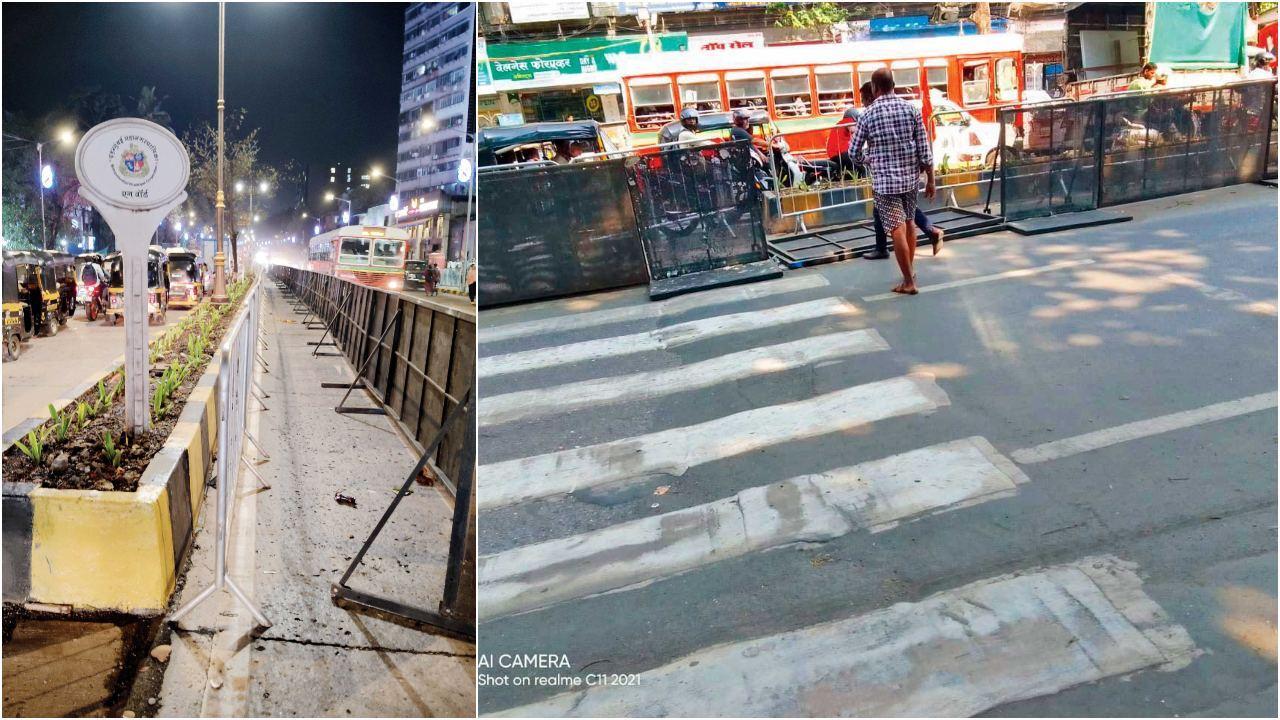 ઘાટકોપર-વેસ્ટના લાલ બહાદુર શાસ્ત્રી માર્ગ પર રોડની વચ્ચે ડિવાઇડરની બાજુમાં લગાડવામાં આવેલી ડબલ રેલિંગ.અને ઘાટકોપર-વેસ્ટમાં ગઈ કાલે ગંગાવાડી પાસે લાગેલી રેલિંગ ક્રૉસ કરીને આવી રહેલો એક યુવાન.