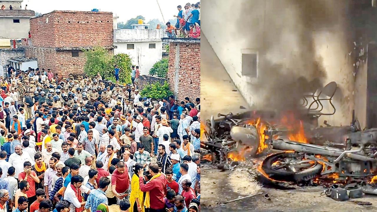 ઉત્તર પ્રદેશના બહરાઇચમાં દુર્ગાપ્રતિમા-વિસર્જન સરઘસ પર કરવામાં આવેલા ગોળીબારમાં બાવીસ વર્ષના યુવાનનું મૃત્યુ થયા બાદ તેનો મૃતદેહ ઘરે લાવવામાં આવ્યો ત્યારે મોટી સંખ્યામાં લોકો ભેગા થયા હતા. આ ઘટના બાદ ગુસ્સે ભરાયેલા લોકોએ વાહન અને દુકાનોને આંગ ચાંપી હતી.