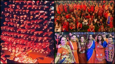 કાંદિવલીની ઓર્કિડ સબર્બિયા સોસાયટીમાં નવરાત્રીની ઉજવણી દરમિયાન મહા આરતી (ડાબે) અને રાસ-ગરબાની રમઝટ