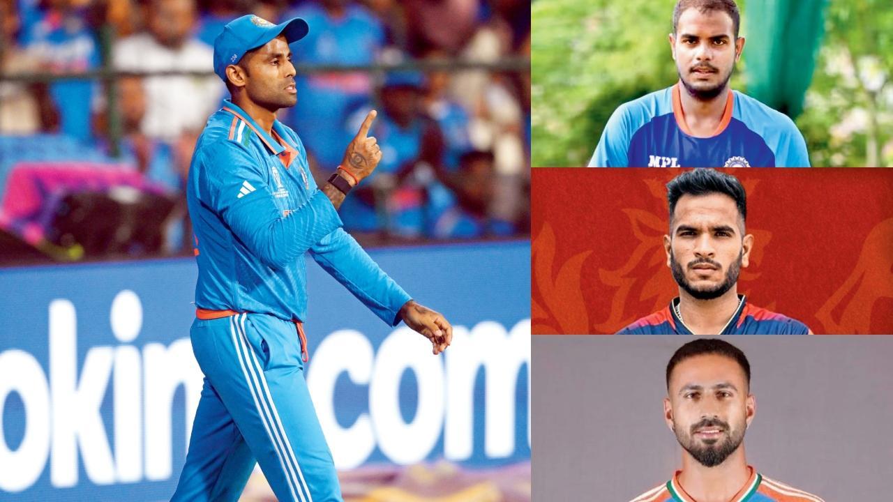 સૂર્યકુમાર યાદવ (ડાબે) યશ દયાલ (જમણે ઉપર), વિજયકુમાર વ્યશક (જમણે વચ્ચે), રમણદીપ સિંહ (જમણે નીચે)